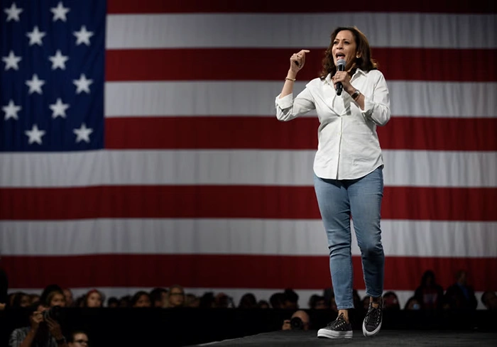 Kamala Harris over American flag